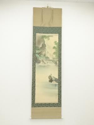 小野蕉麗筆　山村釣翁図　肉筆絹本掛軸（保護箱）